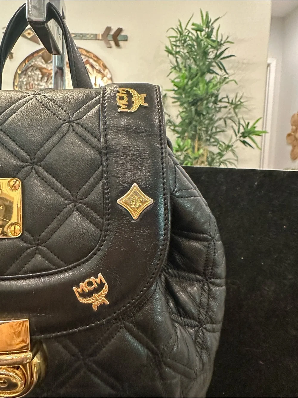 MCM # 226 Quilted Black Leather Backpack Gold Hardware/Logo Studs